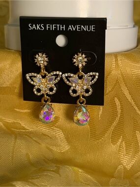 Saks Fifth Avenue Golden Butterfly Earrings with Iridescent Teardrops